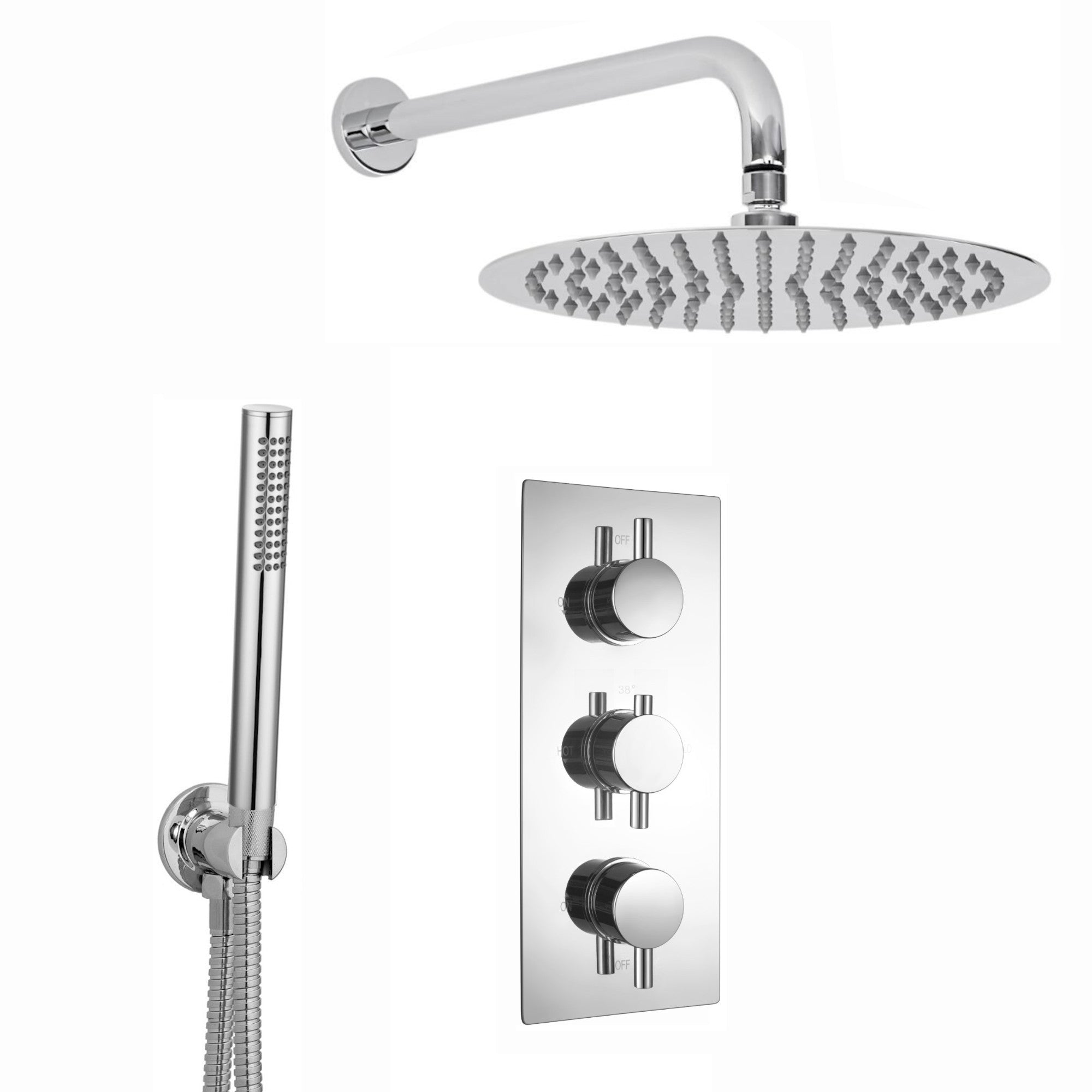 Naples Contemporary Round Concealed Thermostatic Shower Set Incl. Triple Valve, Wall Fixed 8" Shower Head, Handshower Kit - Chrome (2 Outlet)